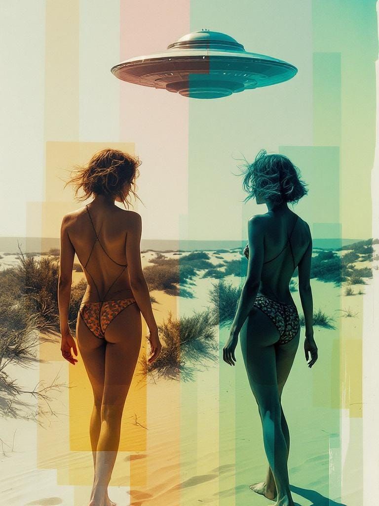 Women on Dune Observe UFO in Kandinsky/Frankenthaler Style