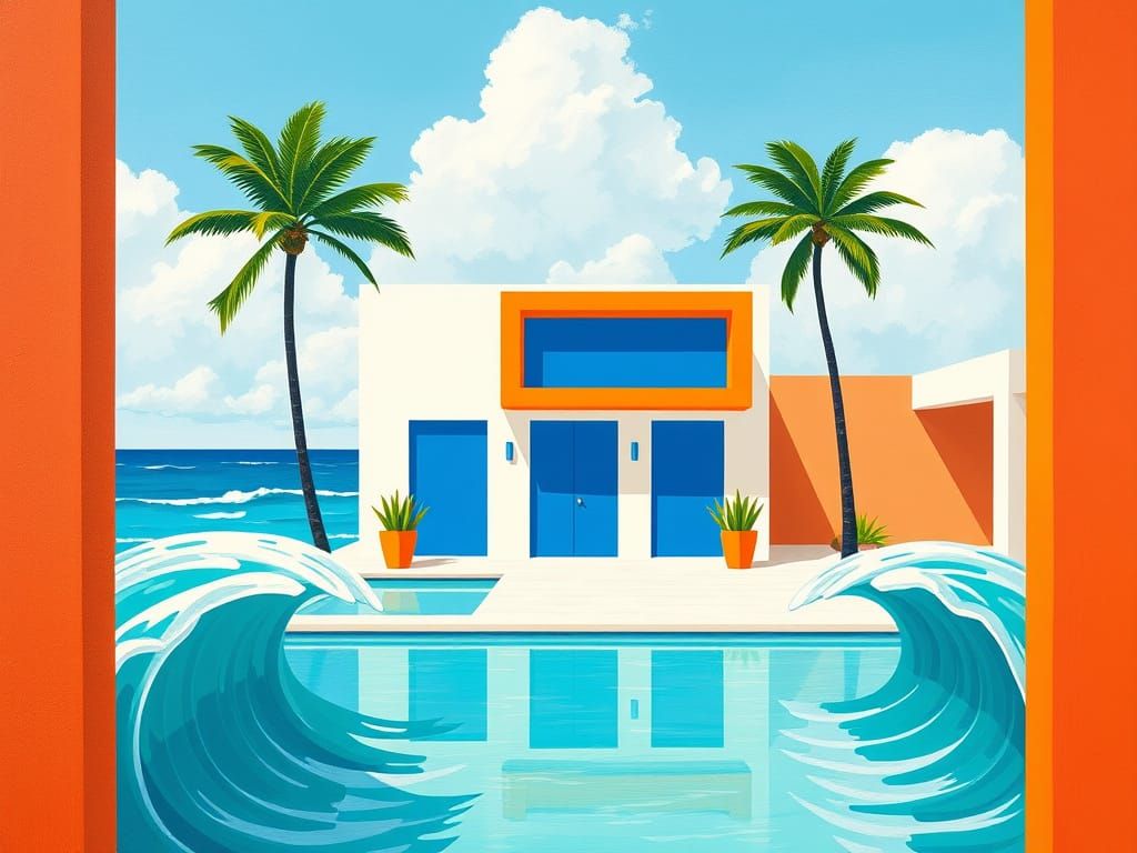 Stylized Building with Pool and Ocean in Abstract Style