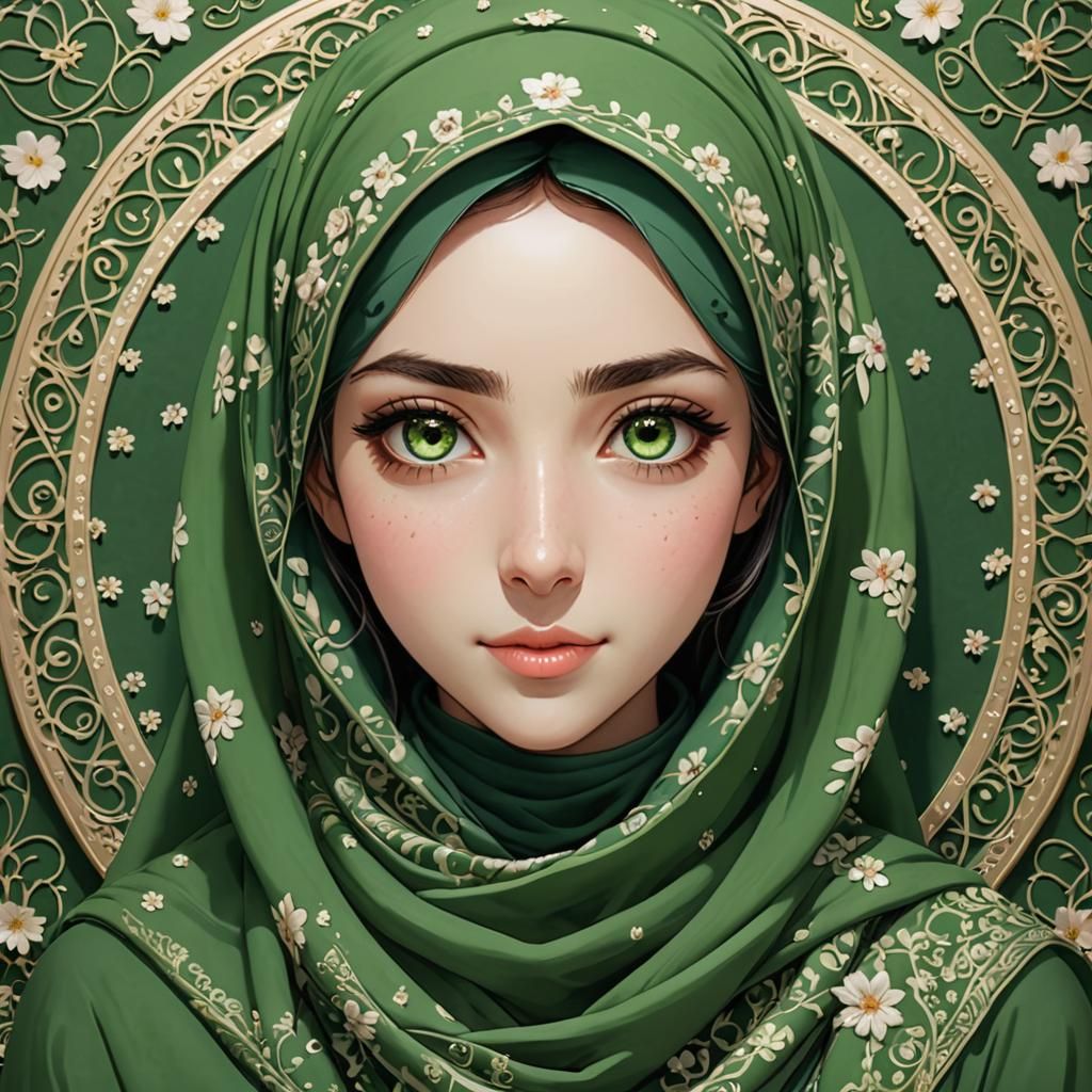 Anime-Style Portrait of a Girl in Green Hijab