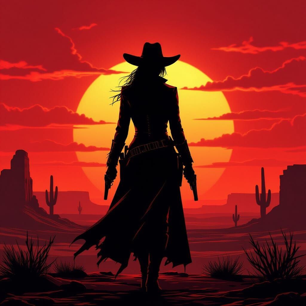 Defiant Woman on Mesa at Sunset in Western Realism Style