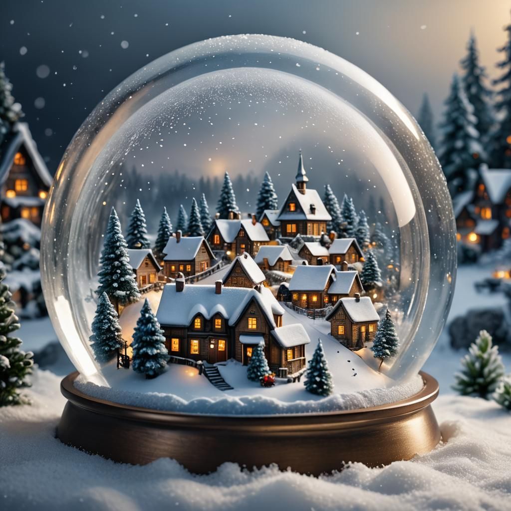Snowy Village in Snow Globe: Hyperrealistic Macro Shot