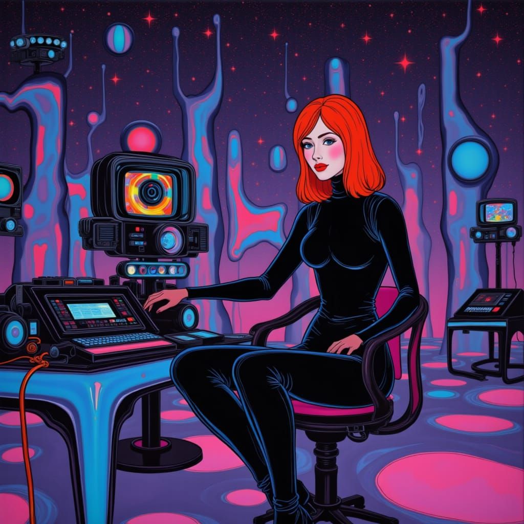 Woman Operates Futuristic Machine in Neon-Lit Stellar Field