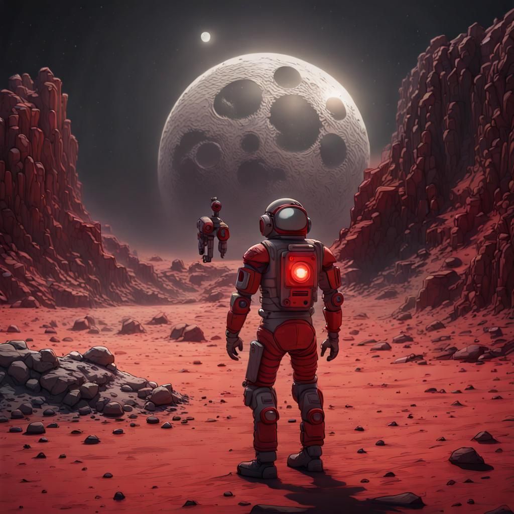 Red Robotic Spider on Moon in Burton Style