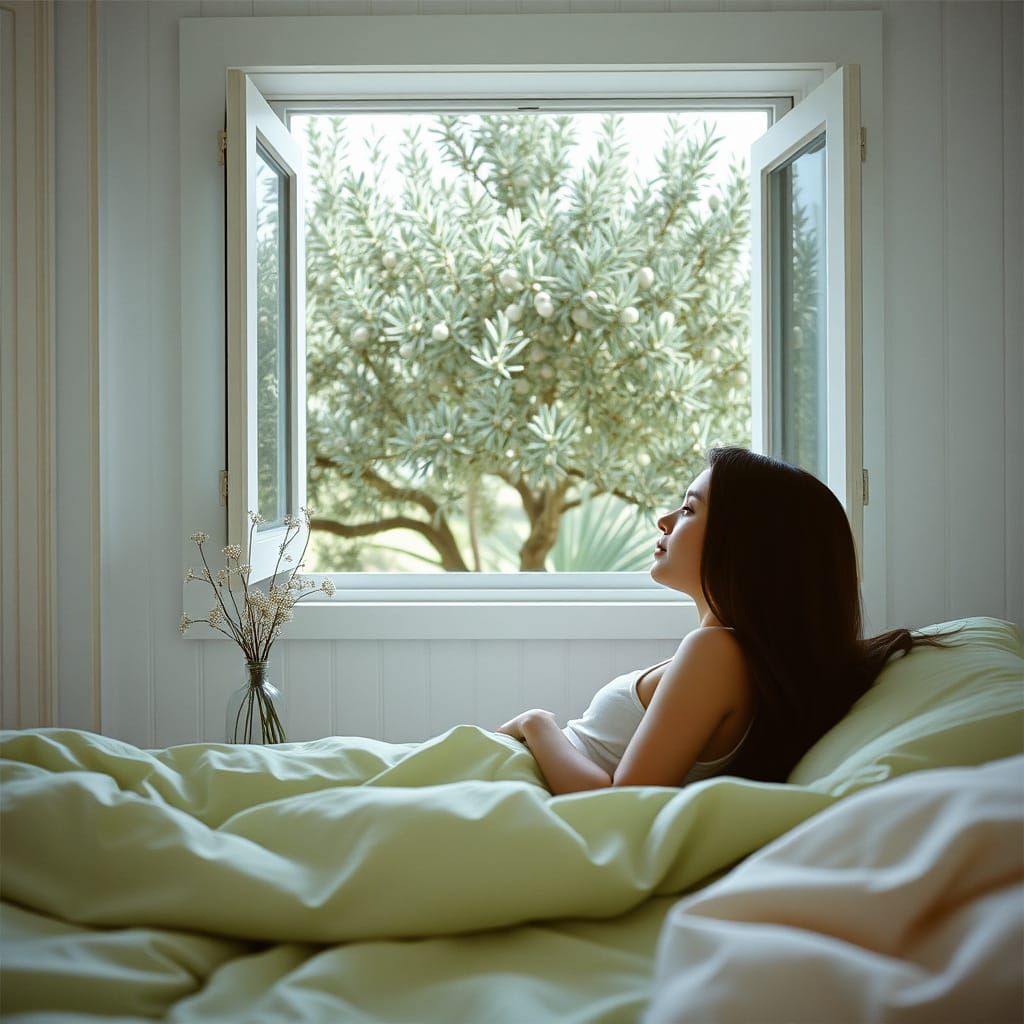 Brunette Girl Gazing at Olive Tree, Cinematic Film Still