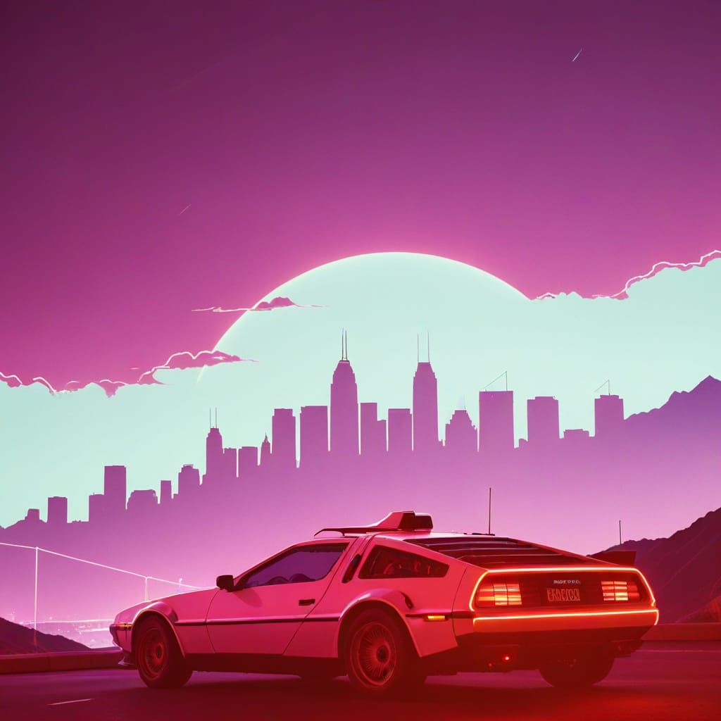 DeLorean Car in Neon Cityscape Outline