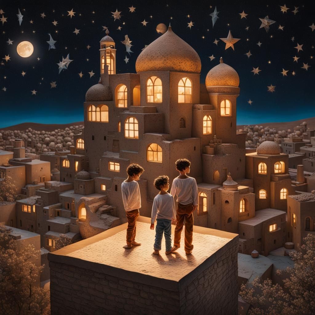 Surreal Qajar Art Diorama: Boys Stargazing