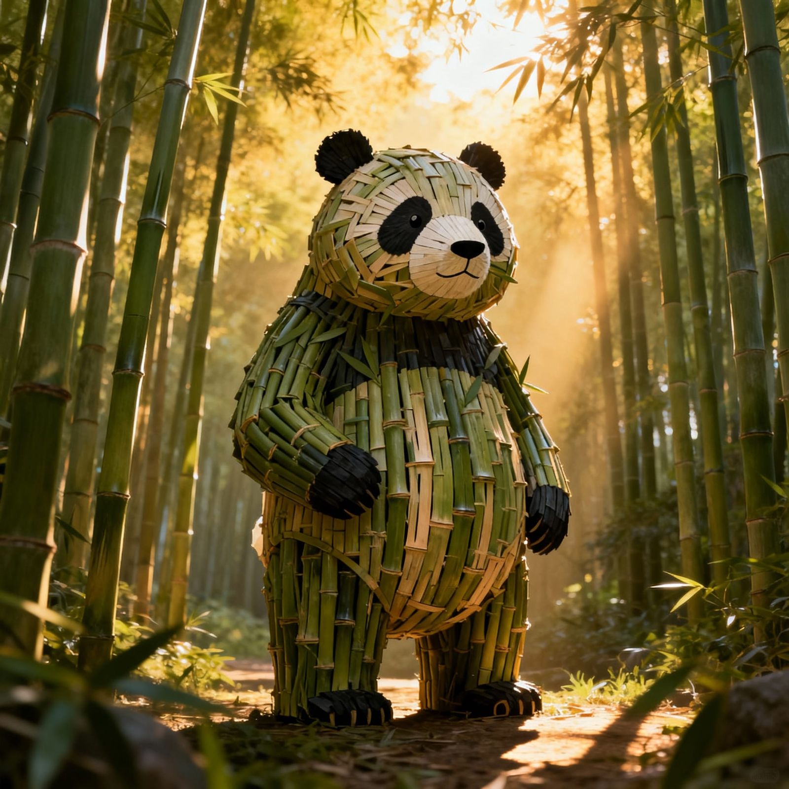 Bamboo Panda Sculpture in Sun-Dappled Forest