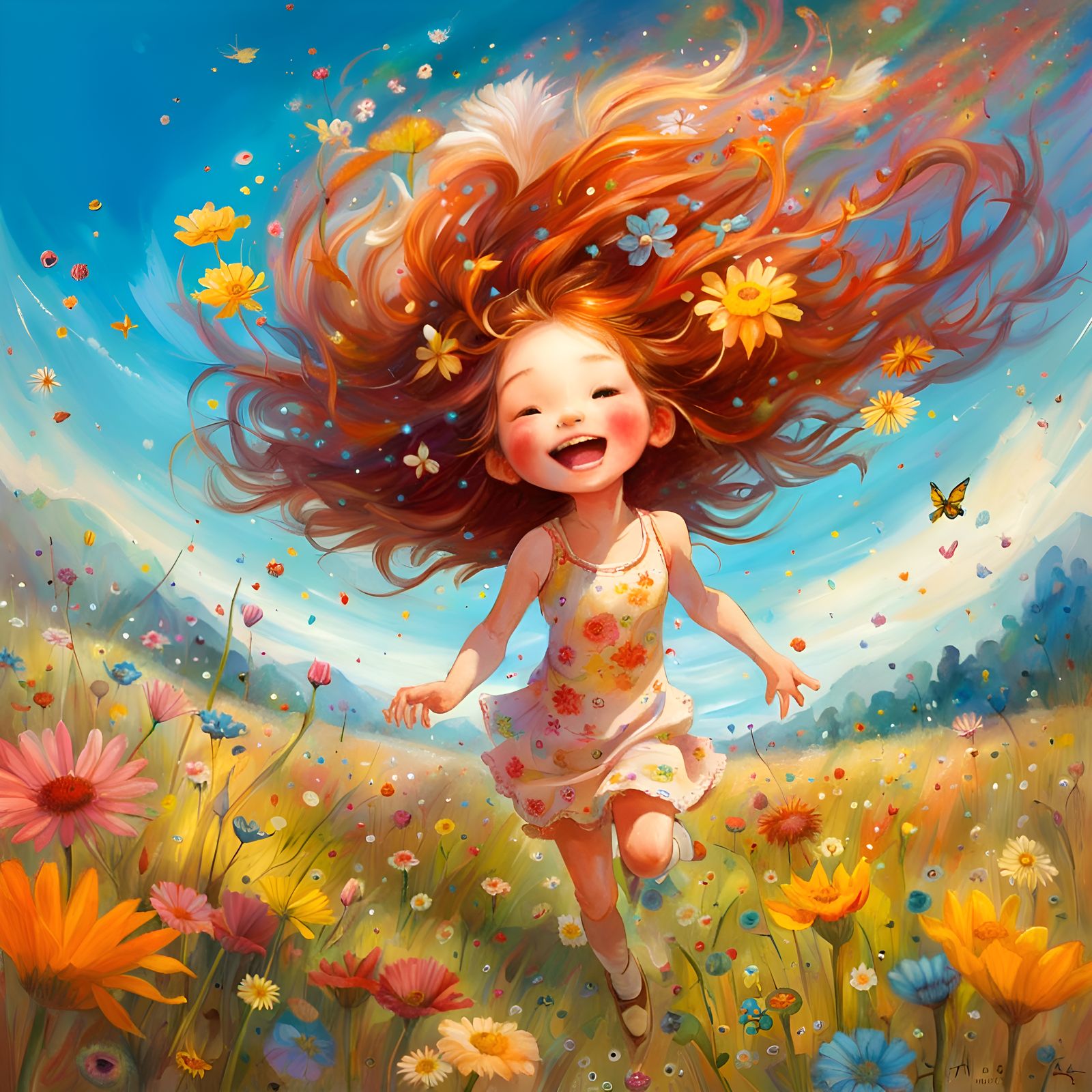 Happy Girl in Summer Meadow, Art Brut Style