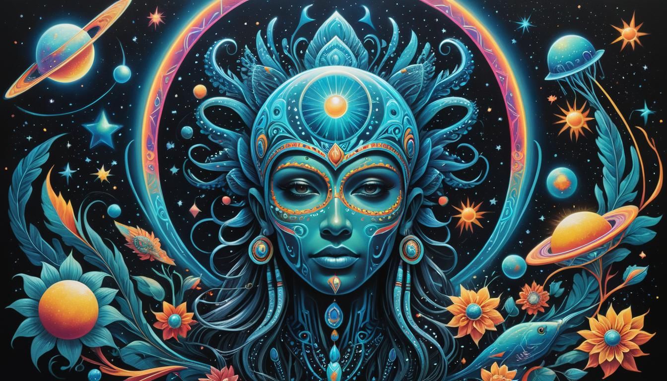 Great chicano art in the style of cosmic dream bioluminescen...