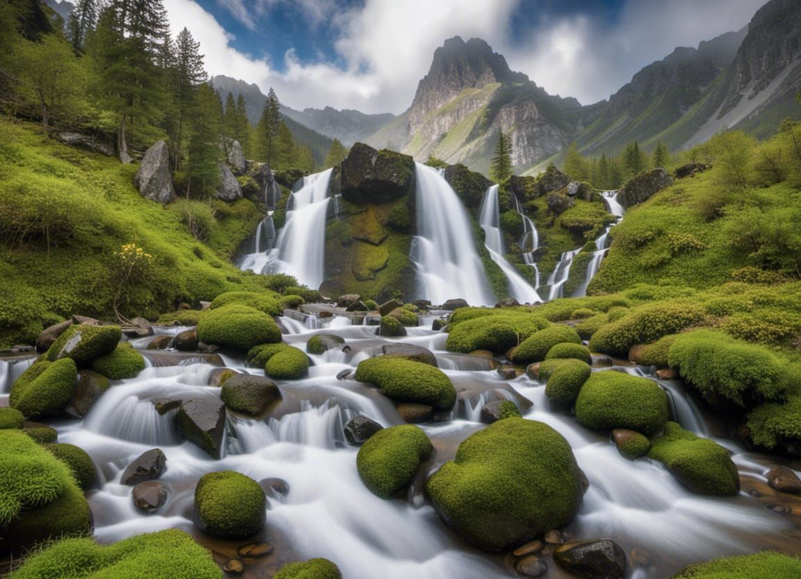 Hyperrealistic Waterfall Cascading Down Rugged Mountains