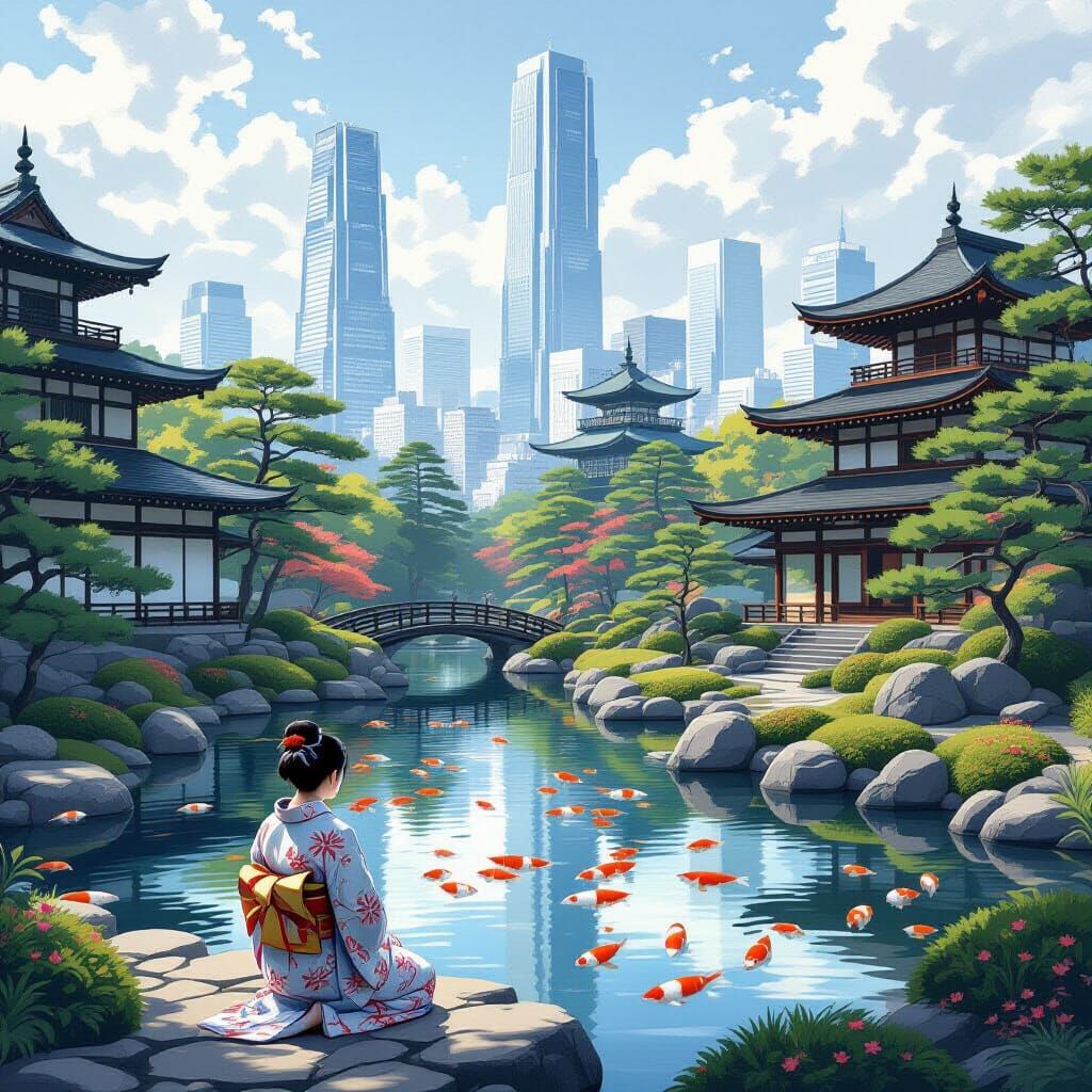 Ancient Japanese Garden Meets Futuristic Cityscape