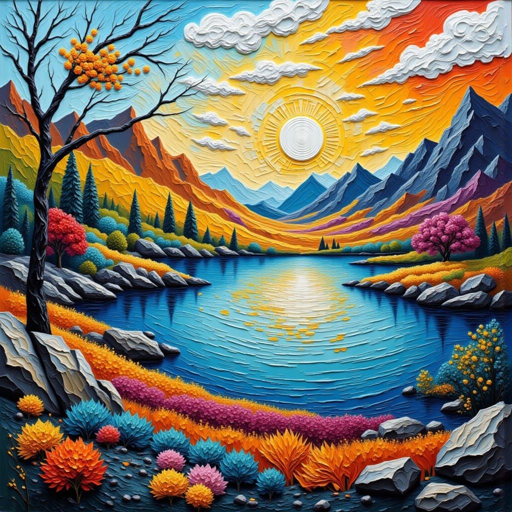Surreal Impasto Landscape with Ethereal Lake