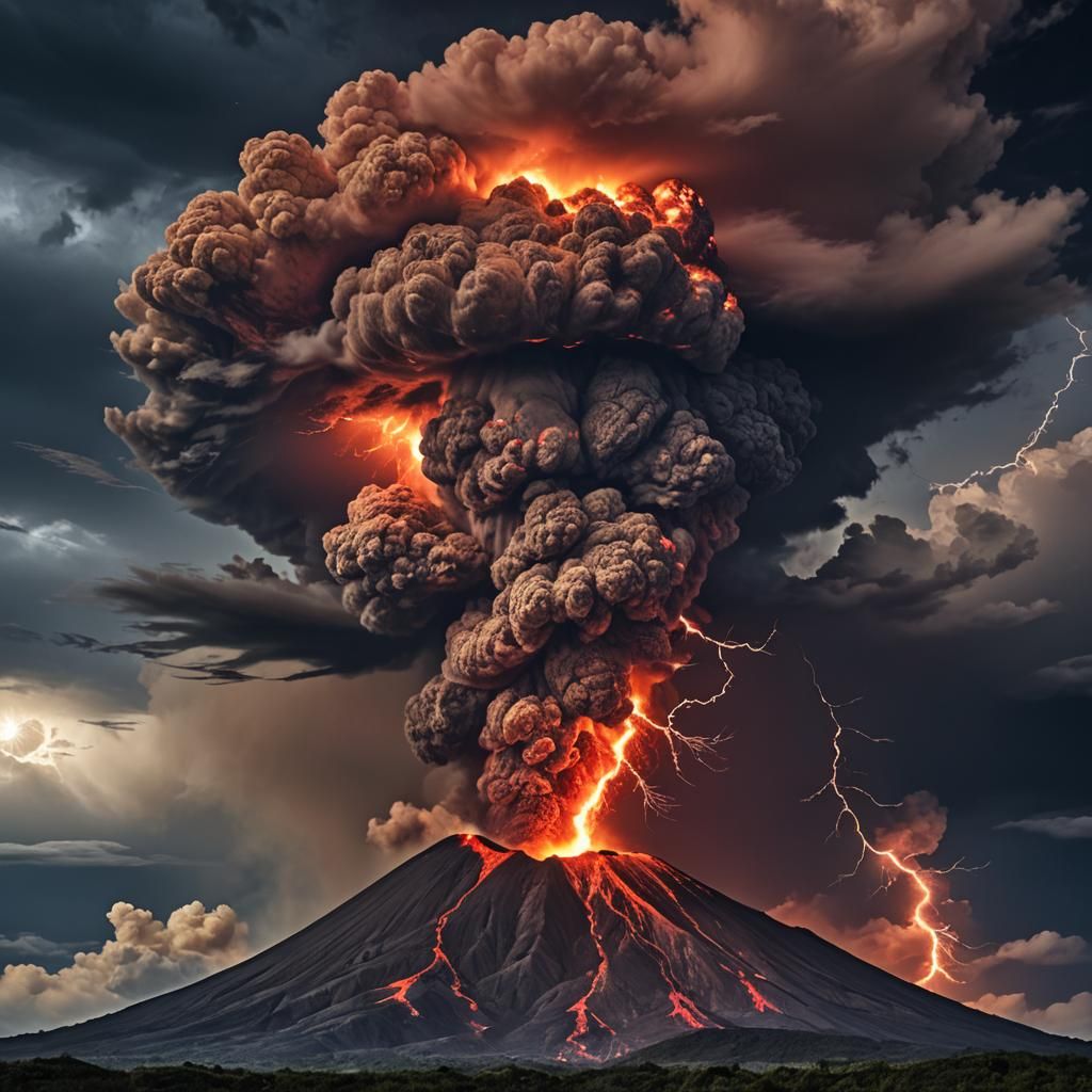 Volcanic Eruption with Red Lightning and Golden Moon