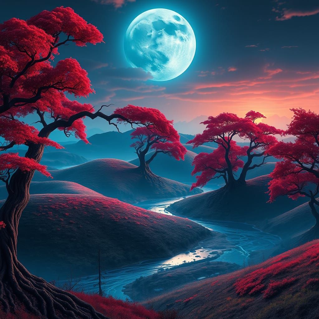 Surreal Landscape Under Blue Moonlight with Crimson Trees