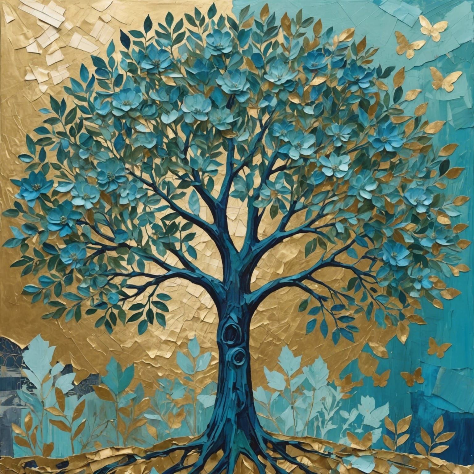 Blue Tree Collage with Gouache and Gold Oil Paint