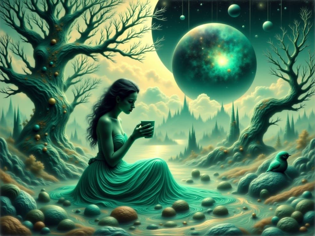 Morning coffee, a teal surreal woman wonderland