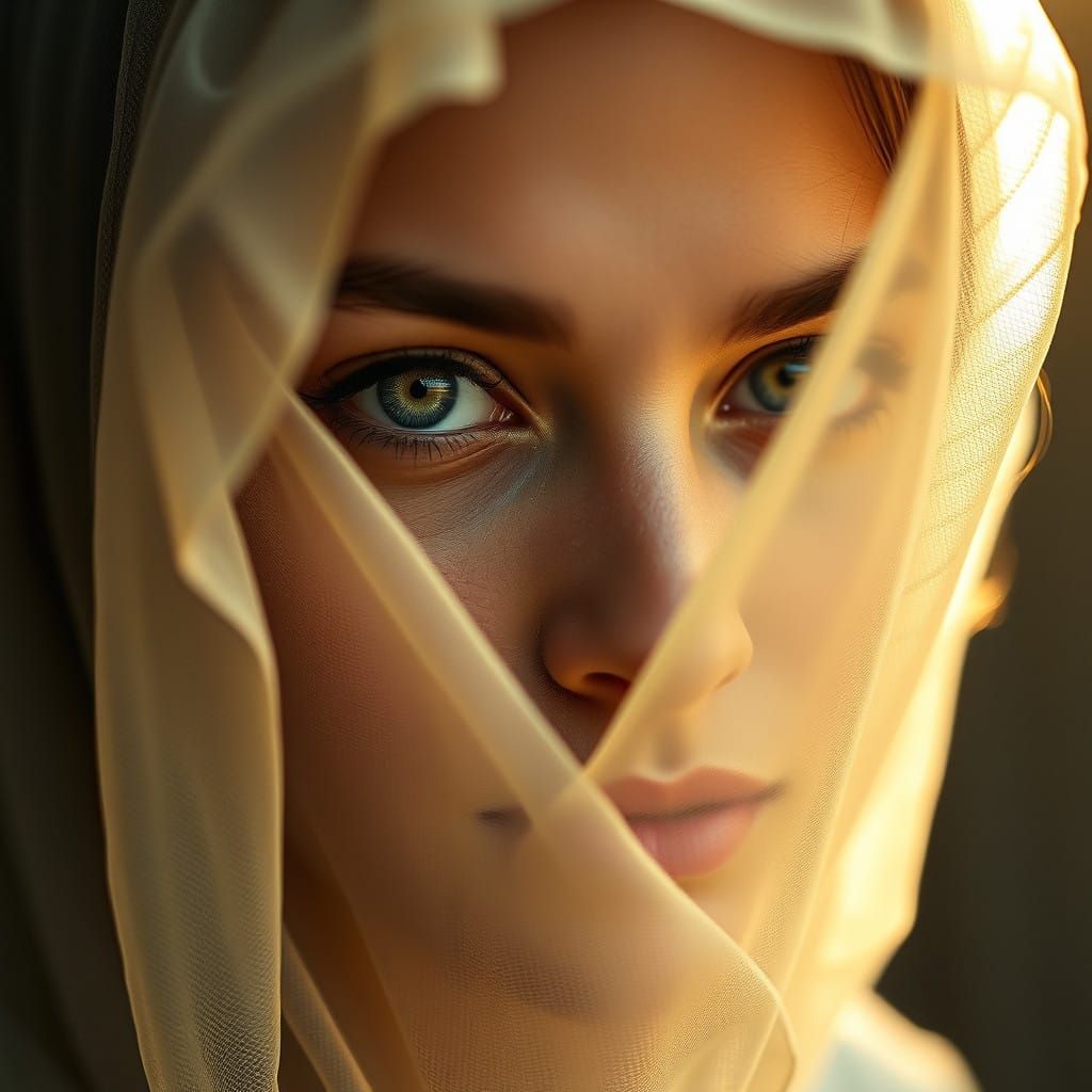 Enigmatic Green-Eyed Beauty Behind Veil in Photorealistic Po...