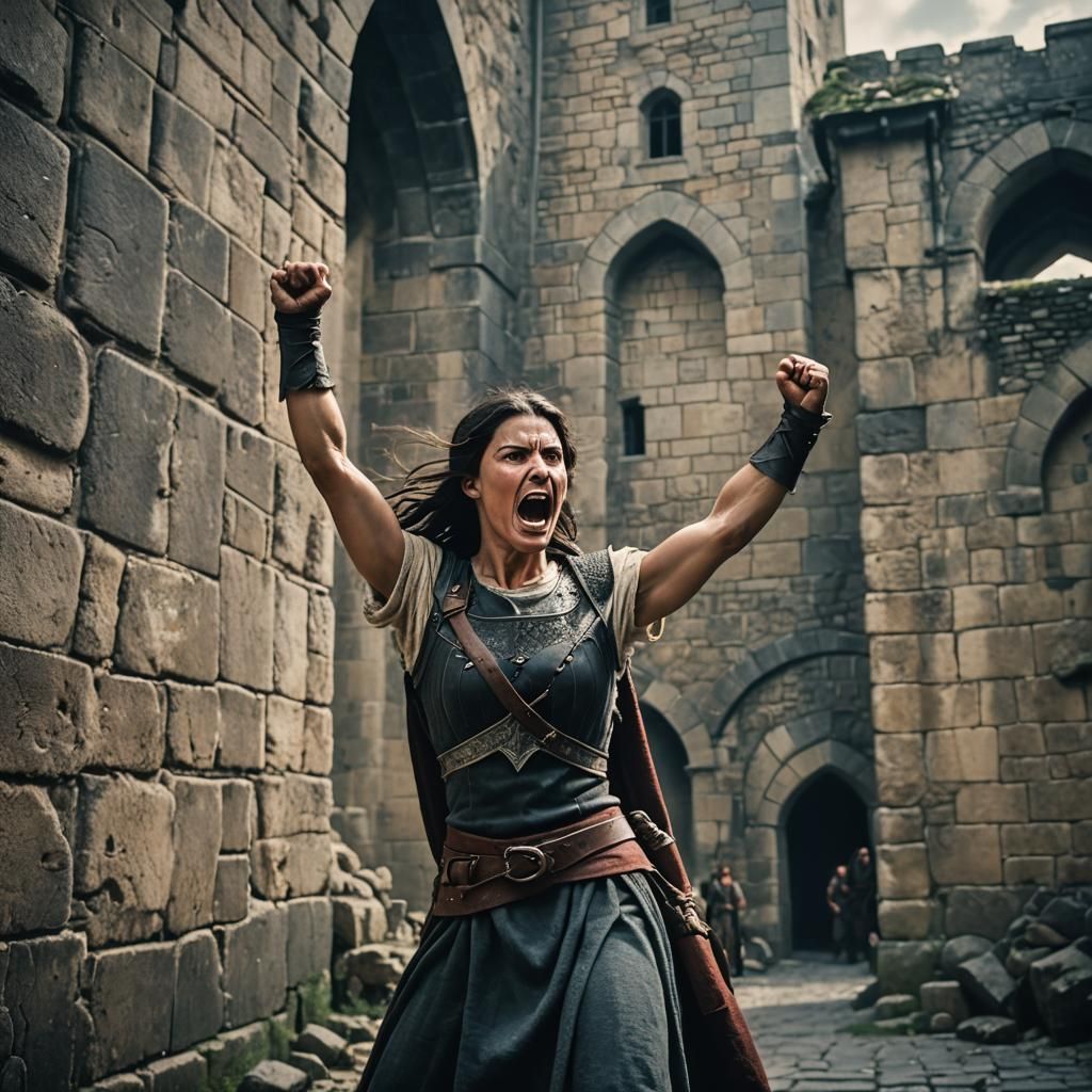 Medieval Woman Shouts at City Defenders: Cinematic Film Stil...