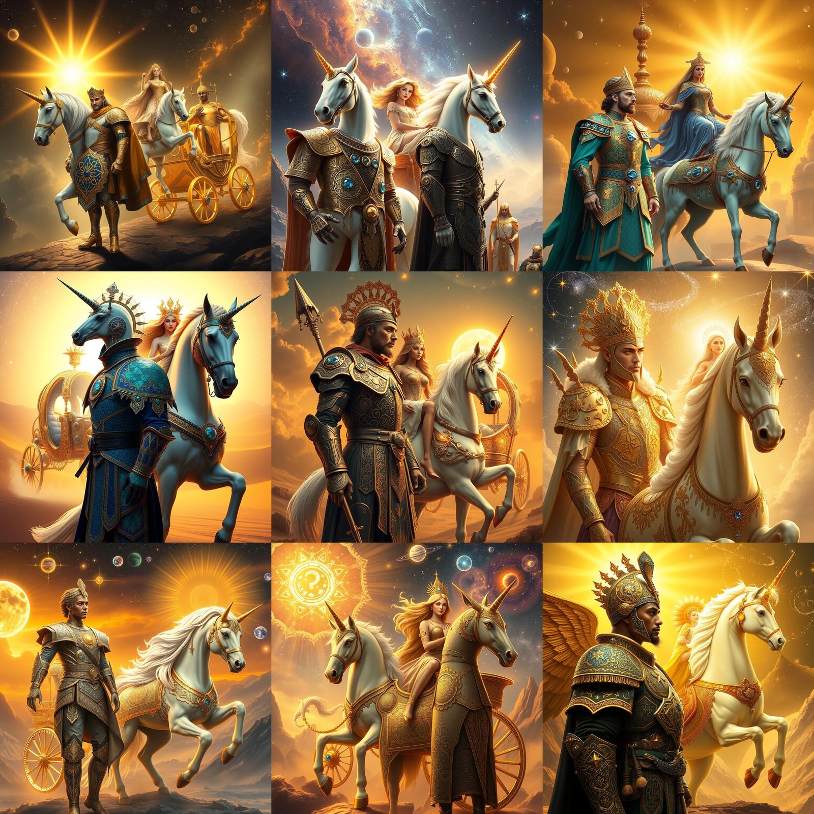 Celestial Warrior and Unicorn Chariot in Surreal Style