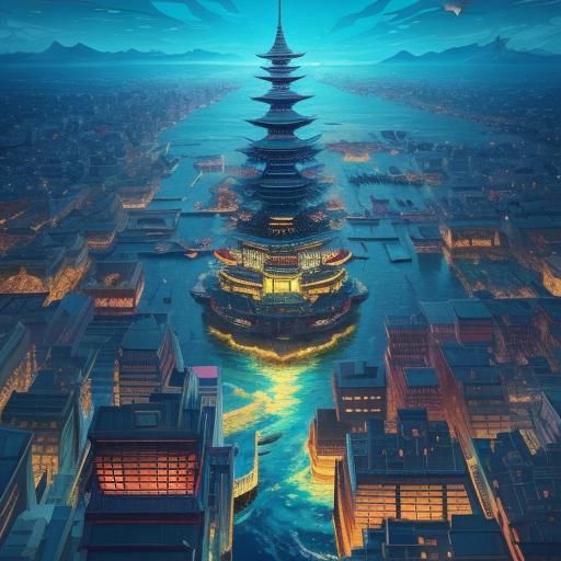 Japanese City on Whale's Back: Anime Art