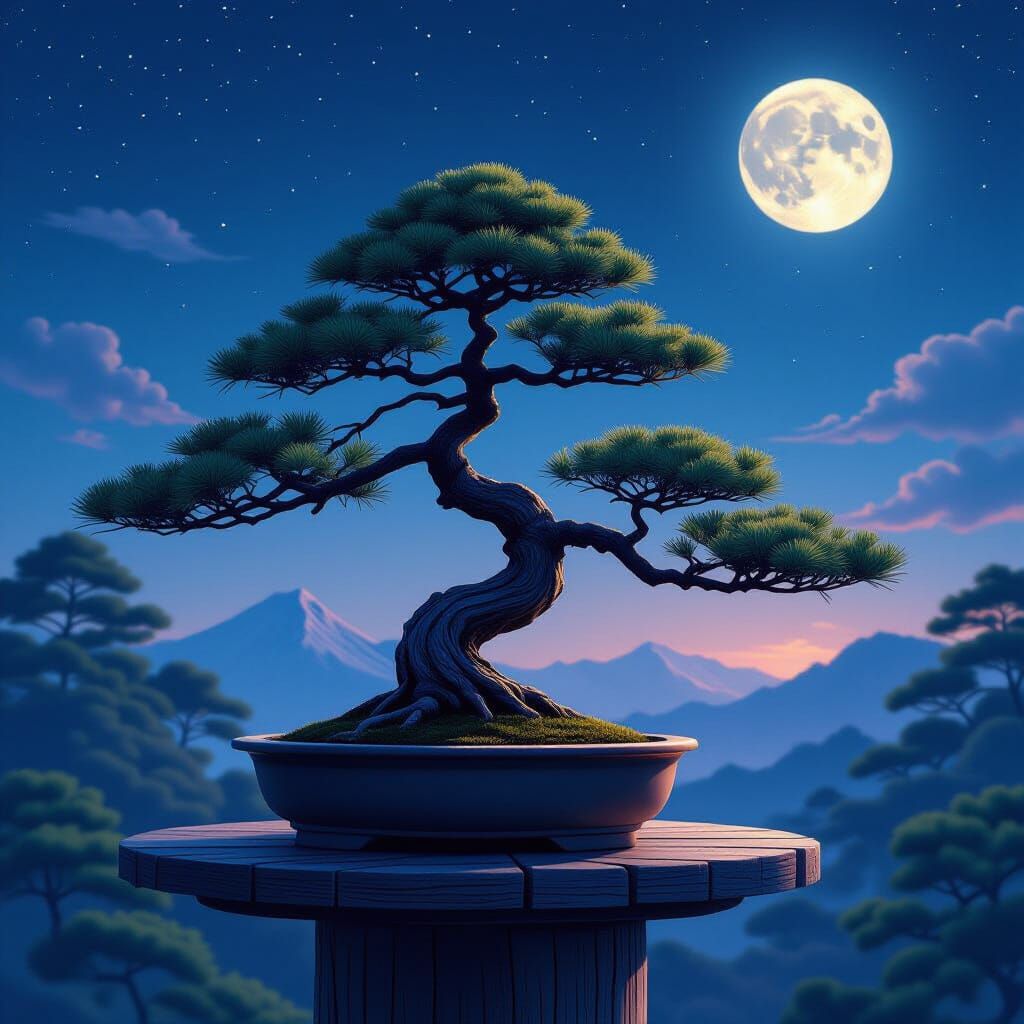Japanese Black Pine Bonsai in Cascade Style at Night