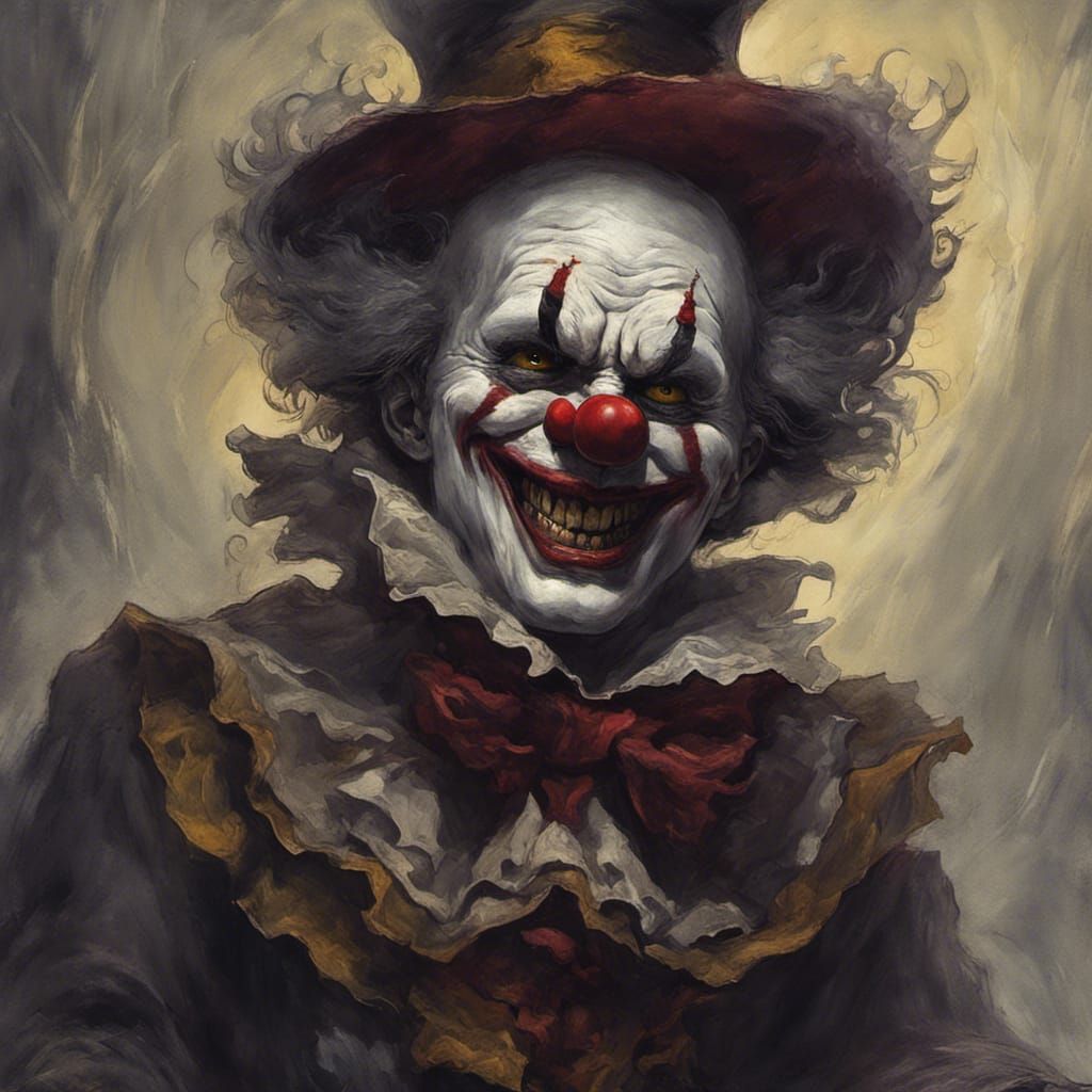 Horrifying Clown with Glowing Eyes and Crimson Outfit