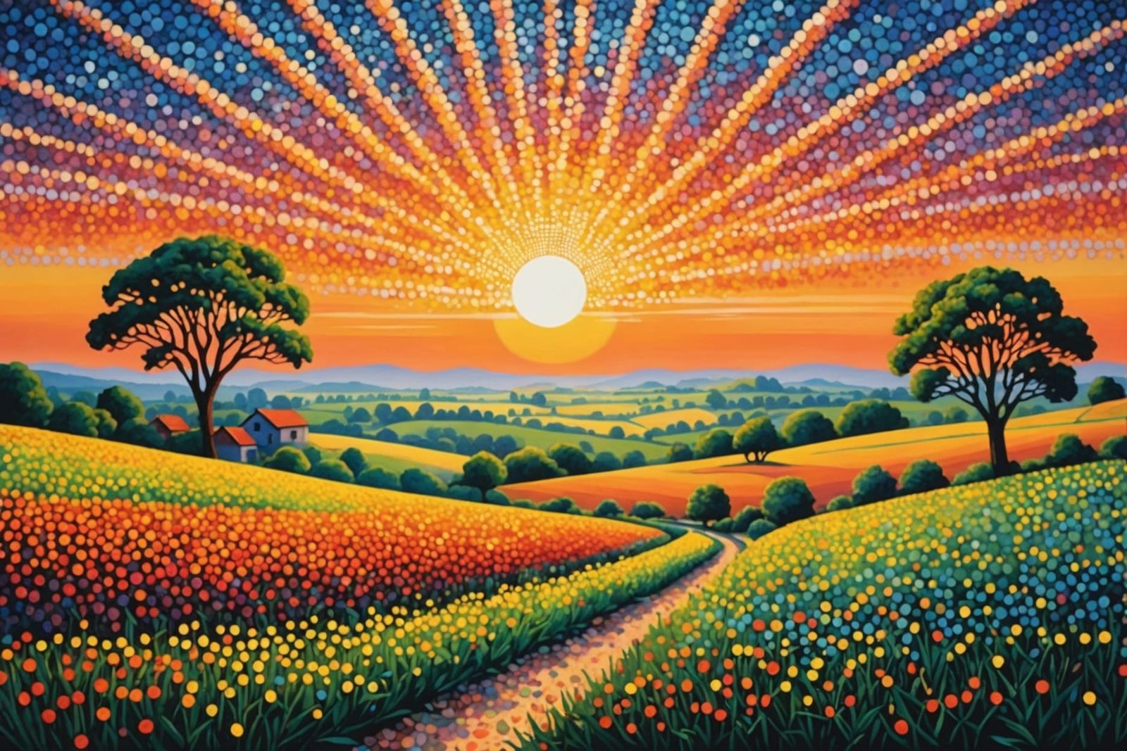 a landscape made of colored dots, pointillism that captures a sunset over a peaceful countryside.