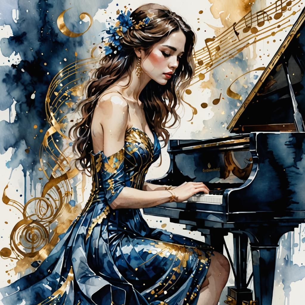 Brunette Pianist's Sapphire Serenade: Watercolor Art