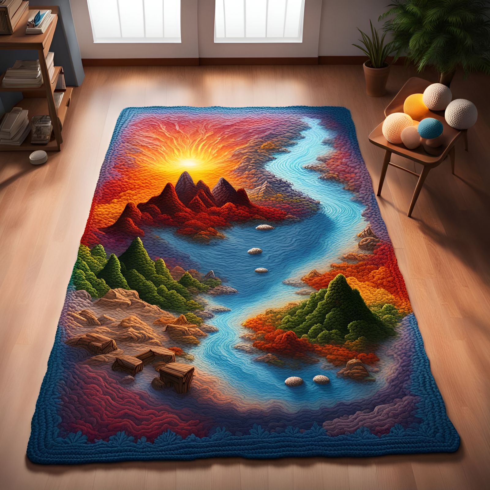 Rug with crochet fantasy landscape scene