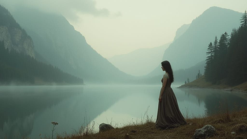 Romantic Landscape with Woman in Caspar David Friedrich Styl...