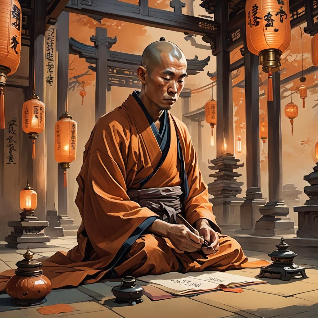 Japanese Monk Writing Scroll in Art Nouveau Style