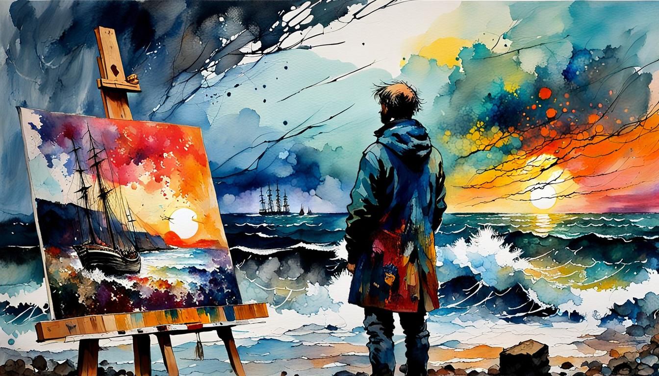 Seaside Artist's Watercolour Masterpiece in Art Brut Style