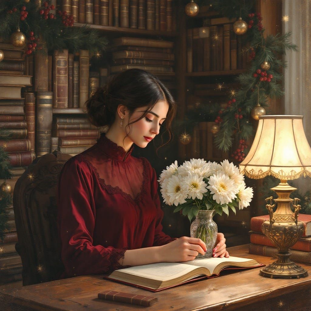 Sitting in a Cozy Library at Christmas