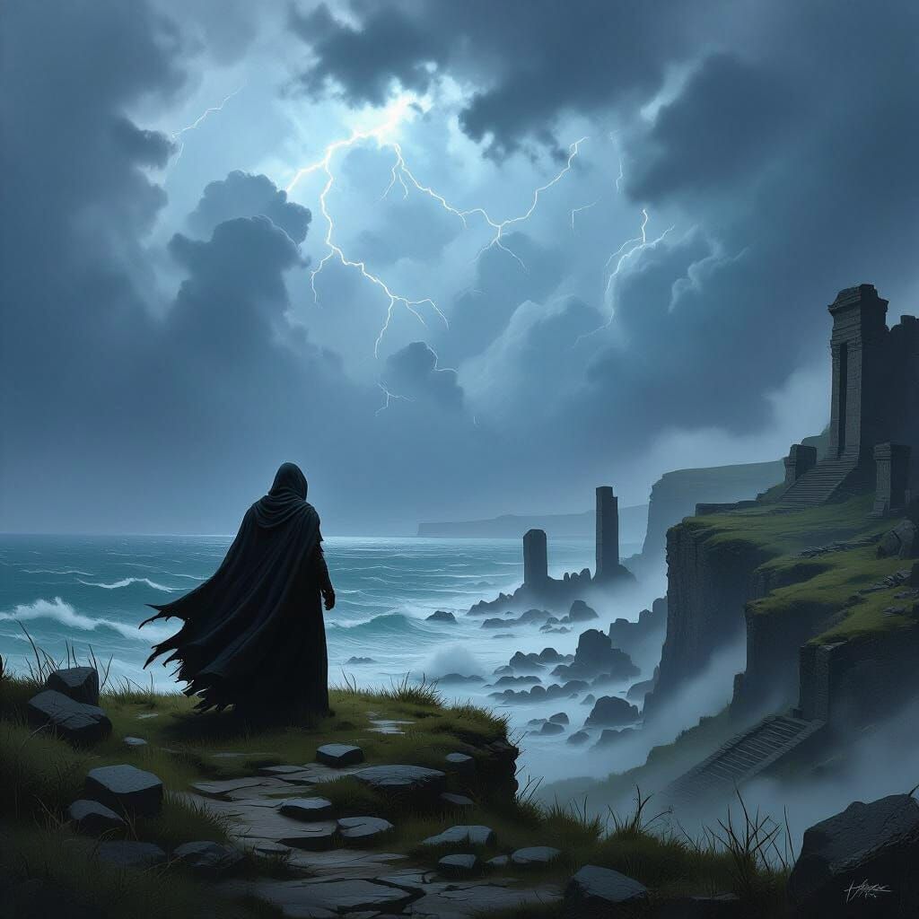 Cloaked Figure on Cliff Overlooking Stormy Sea with Ruins