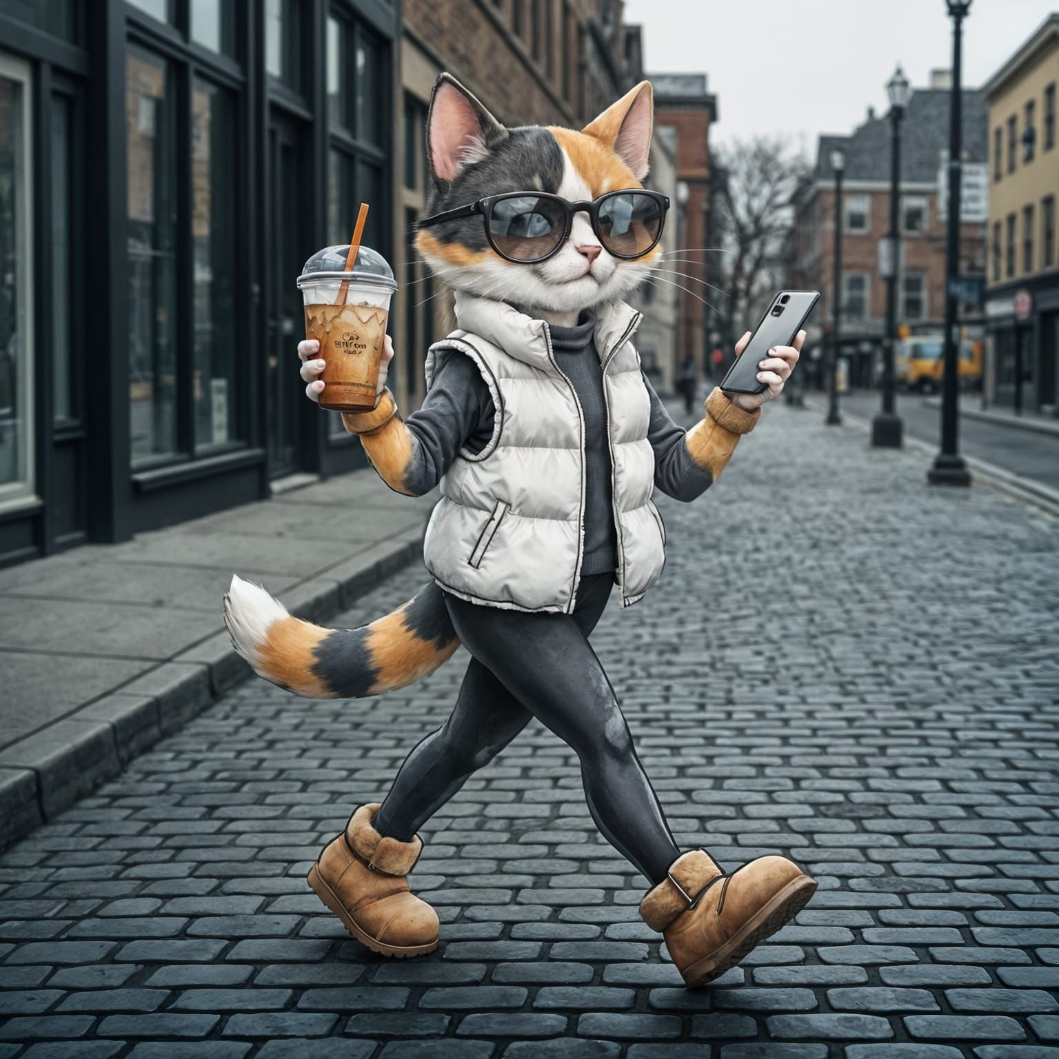 Whimsical Calico Cat Character in Watercolor Realism