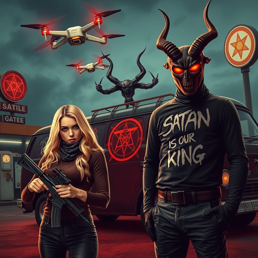 Tactical Balaclava-clad Man and Blonde Woman Confront Drones...