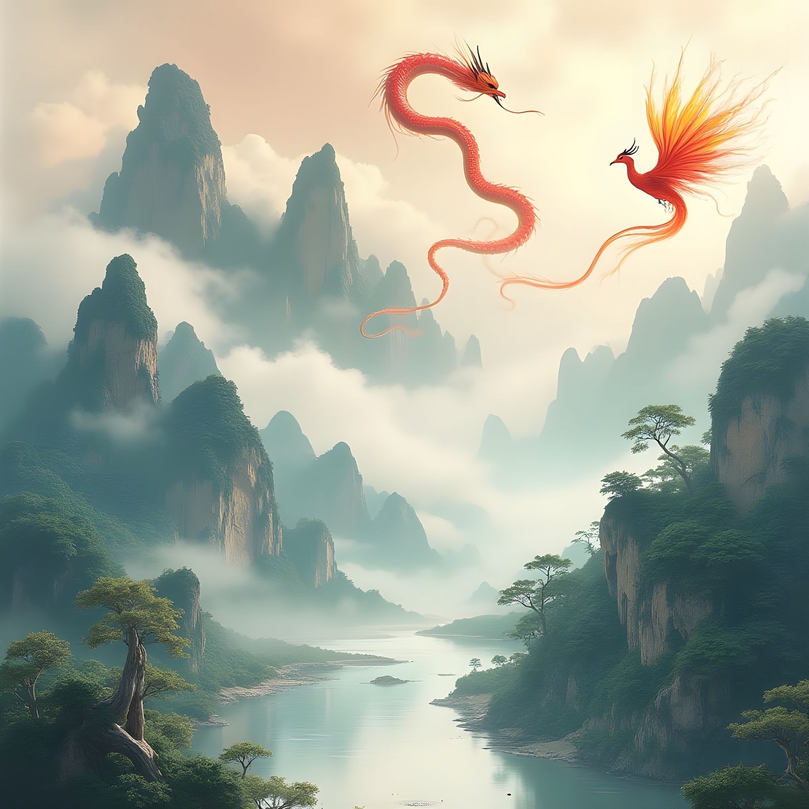 Chinese Dragon and Phoenix Soar Amidst Majestic Mountains in...