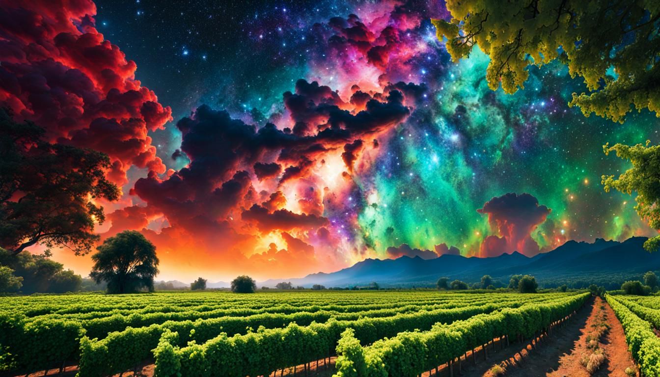 Cosmic Garden with Nebula Sky as Psychedelic Art
