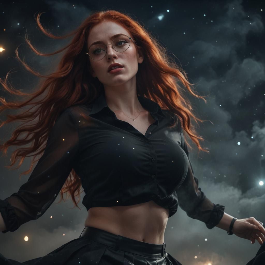 Woman with Red Hair Floating in Astral Night