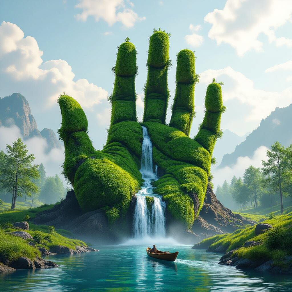 Colossal Hand Emerges from Earth: Dreamlike Landscape