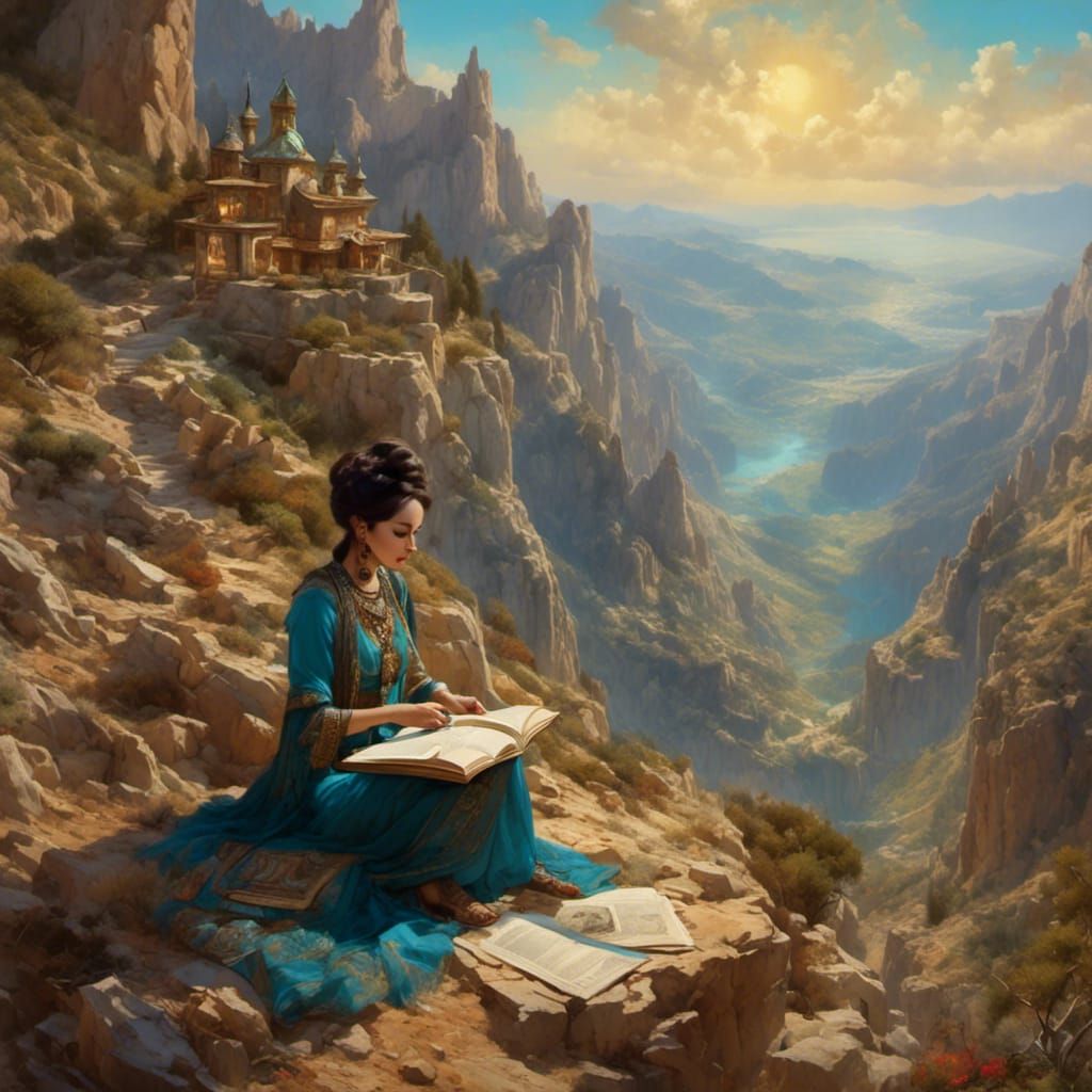 Anais Nin Writing on a Mountaintop, Hyperrealistic Oil Paint...
