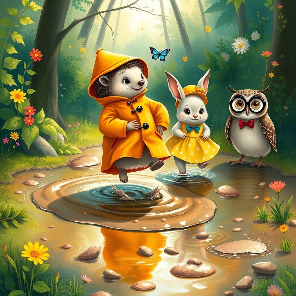 Whimsical Forest Friends Play in Mud Puddles