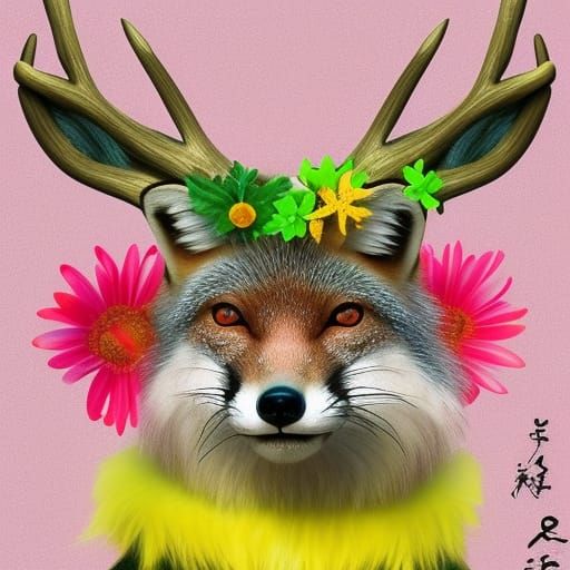 Cute Earth Fox with Antlers and Flowers