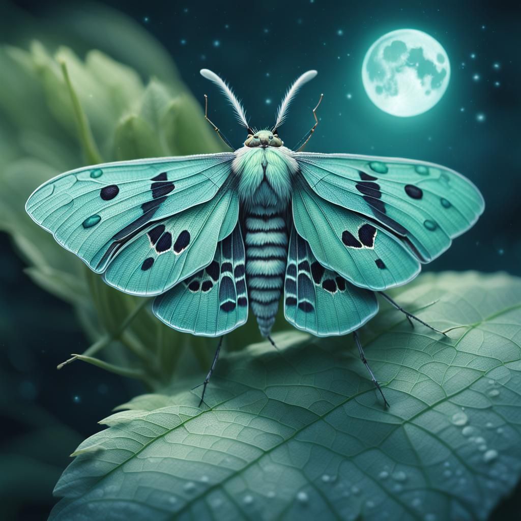 Hyper-Realistic Moth on Moonlit Leaf in Macro