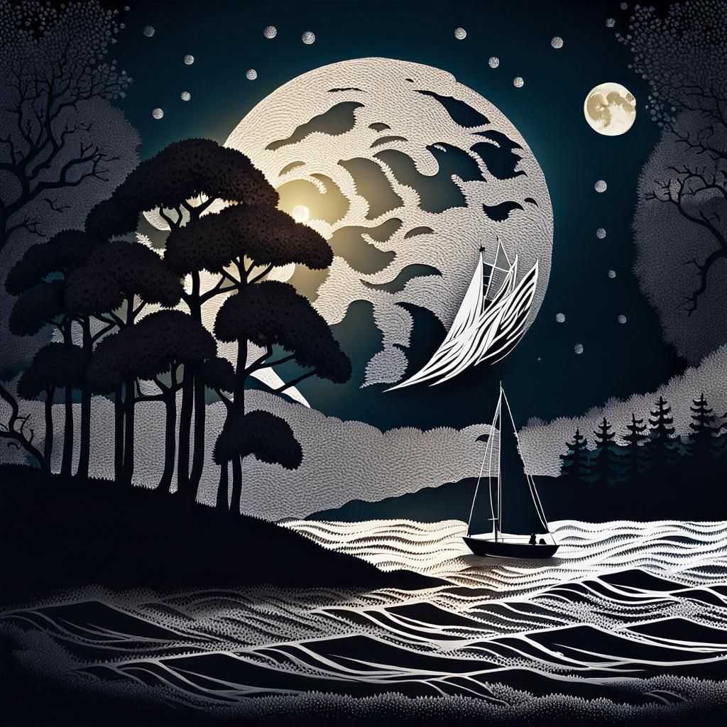 Monochromatic Pointillism Sailboat Under Moon