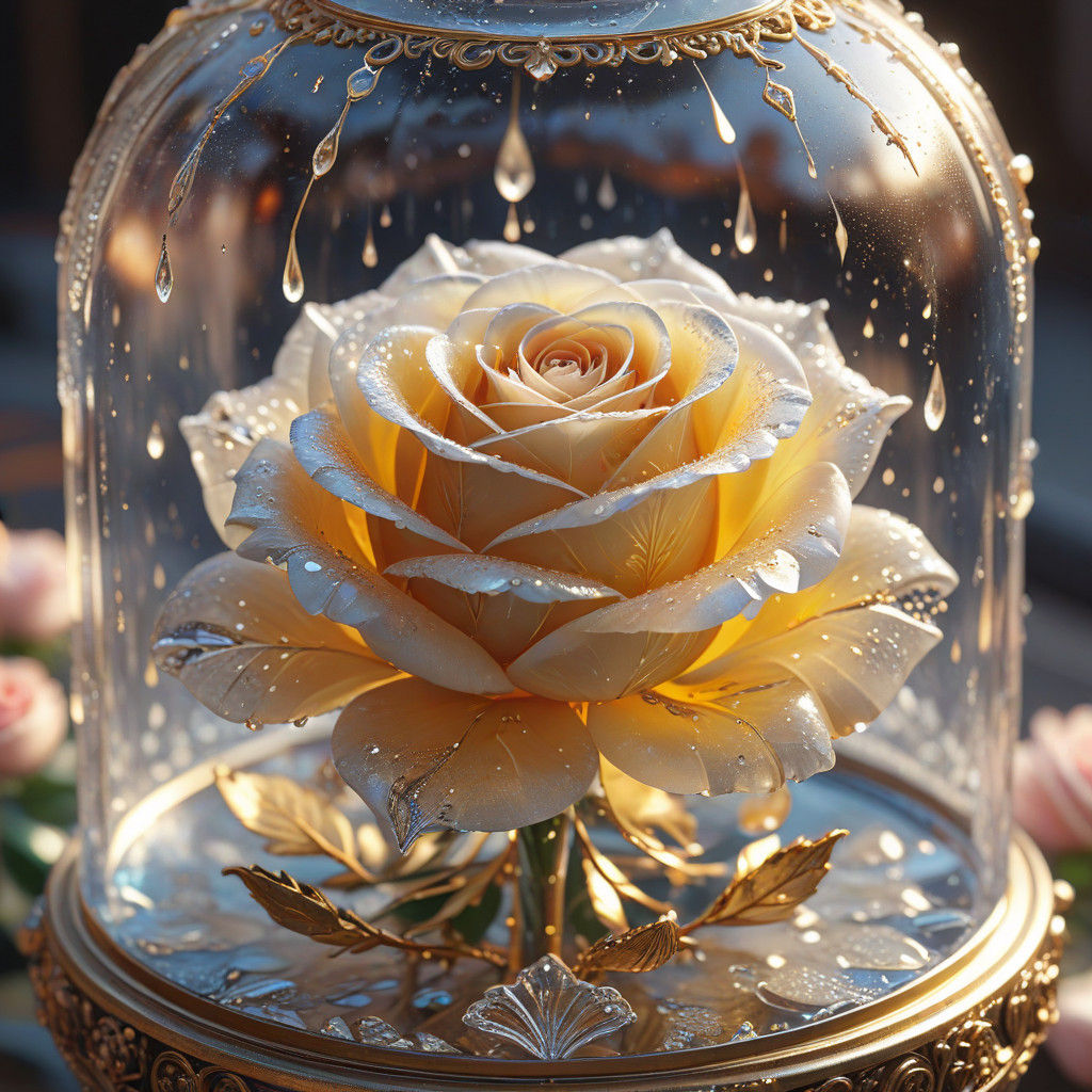 Golden Rose Sculpture in Glass Box, Anime-Inspired Art