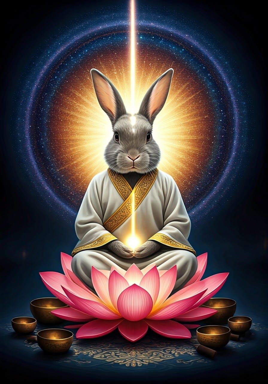 Serene Rabbit in Lotus Pose Amidst Celestial Colors