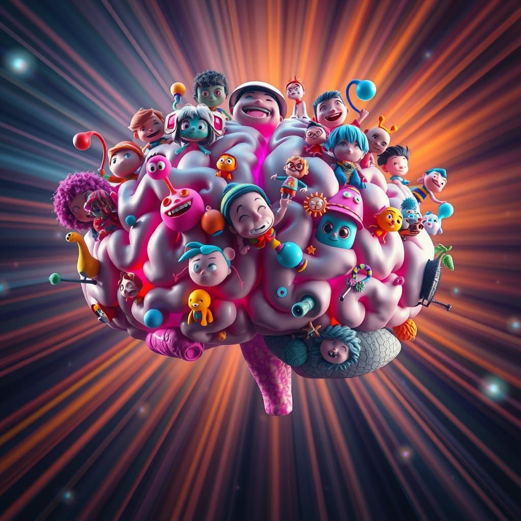 Stylized Brainscape of Whimsical Characters in 3D Digital Ar...