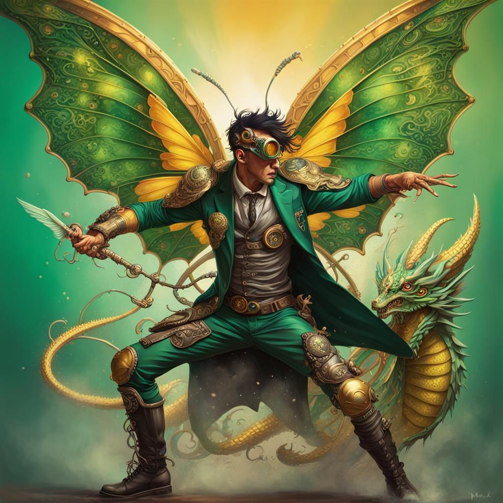 Steampunk Butterfly Warrior vs Dragon in Psychedelic Art