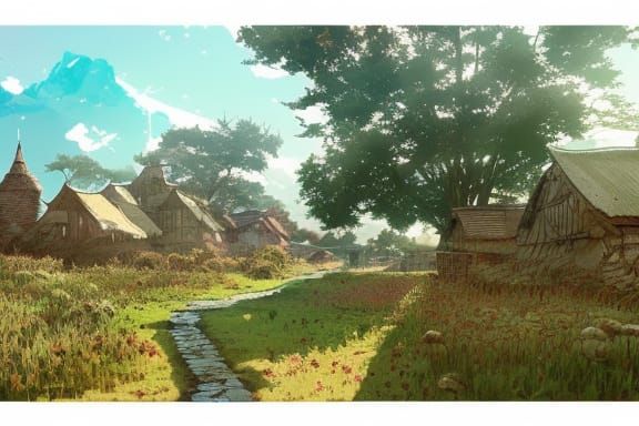 Savannah Farm Village in Anime Gouache Style